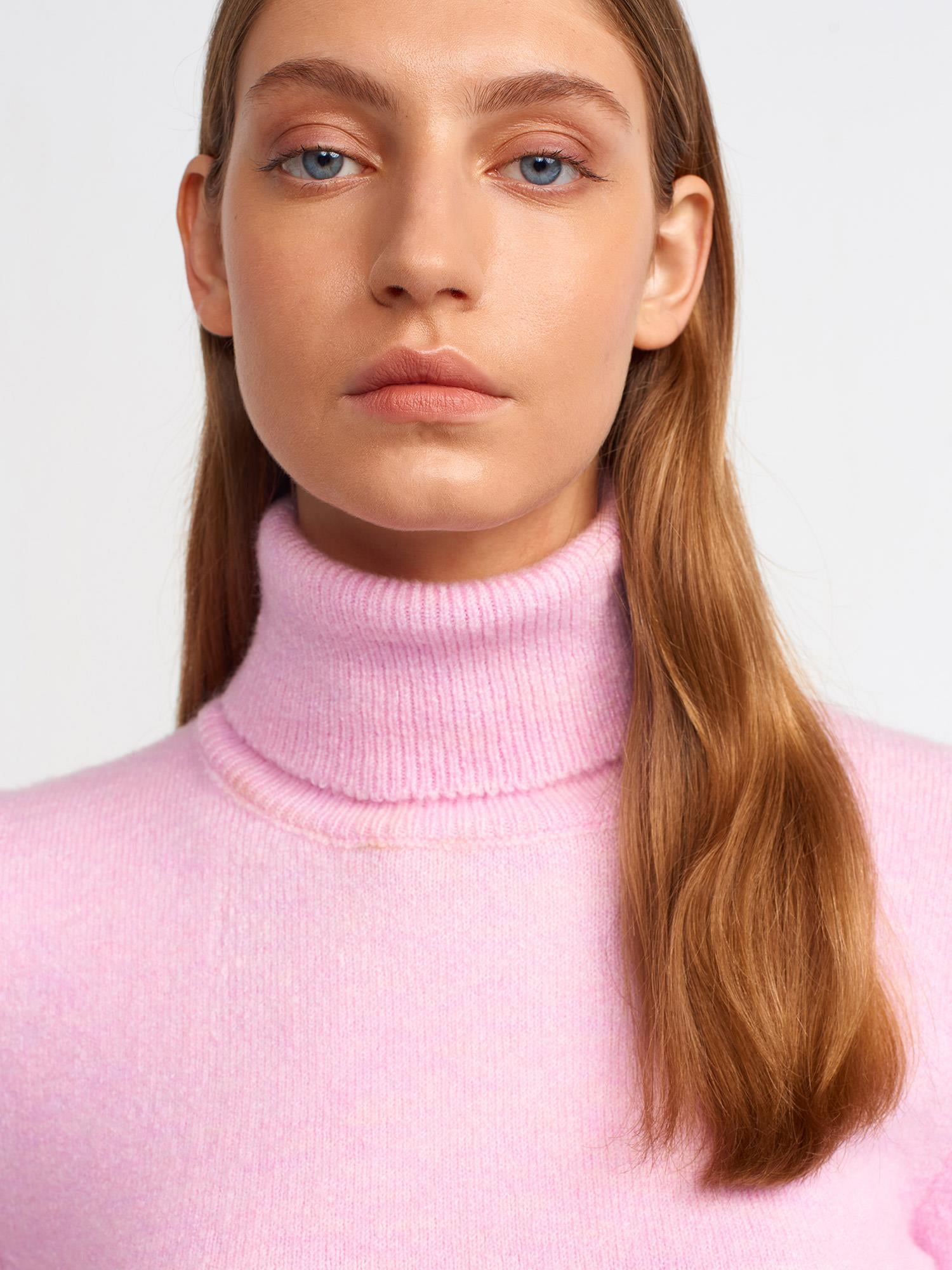 Pembe Balıkçı Yaka Kısa Kol Crop Kazak