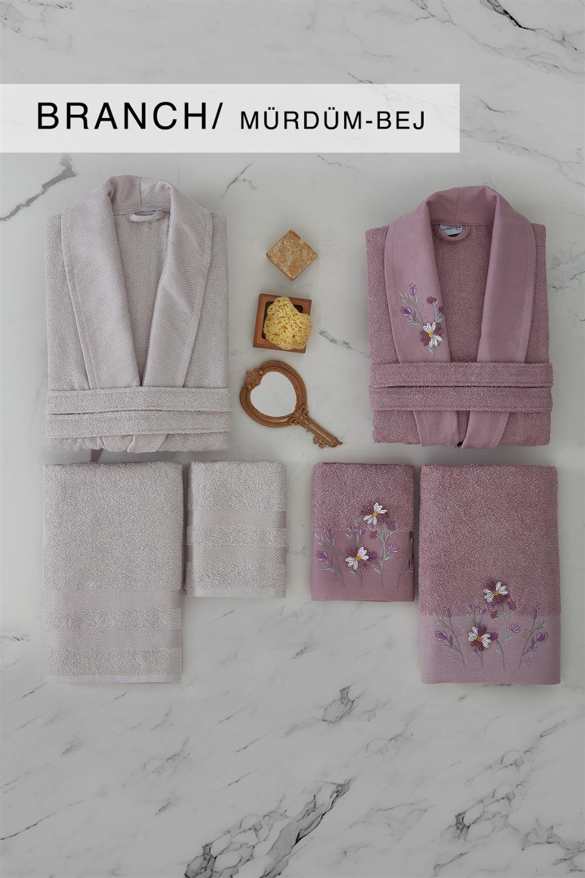 Cotton Life Aile Bornoz Seti 6 Parça Branch Mürdüm-Bej