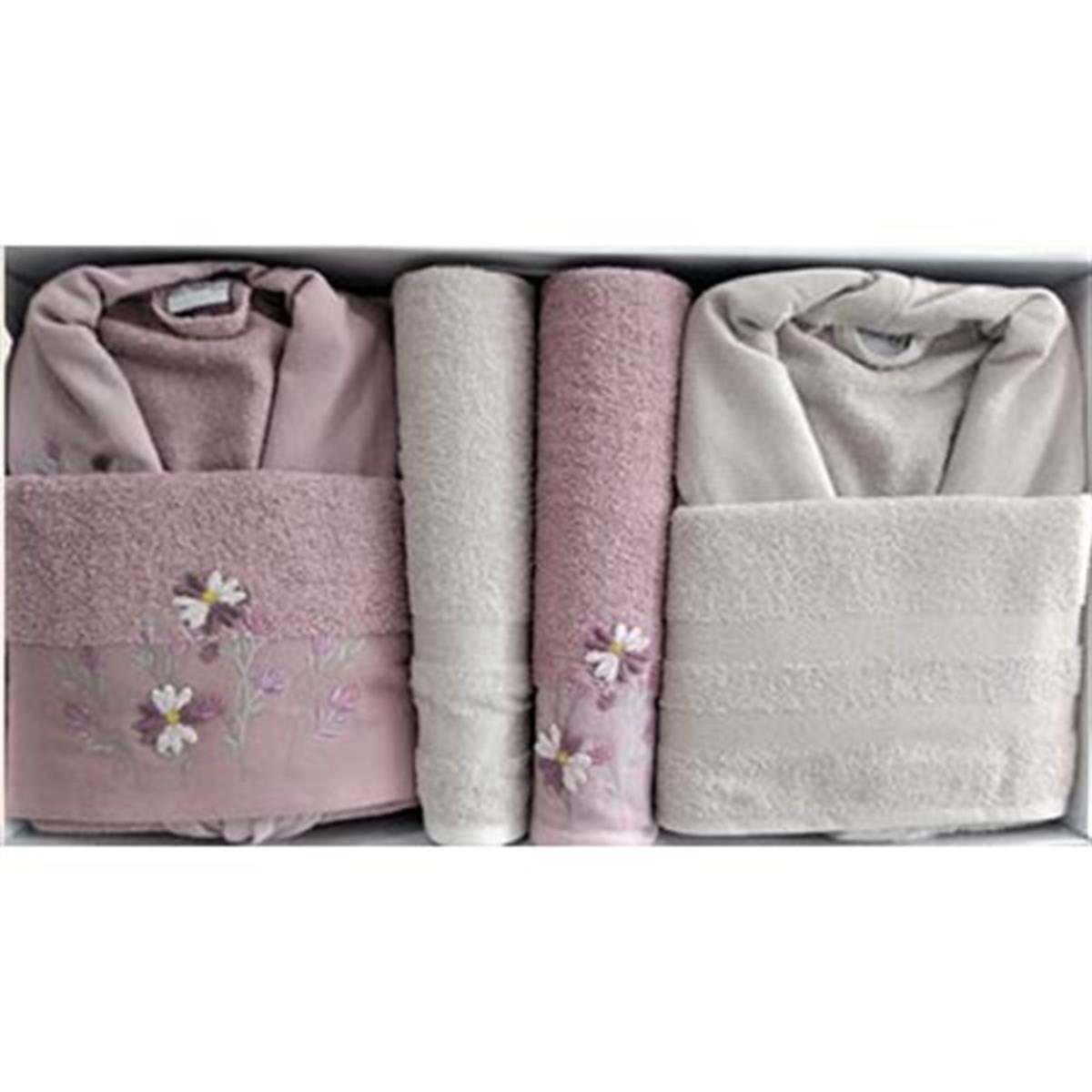 Cotton Life Aile Bornoz Seti 6 Parça Branch Mürdüm-Bej