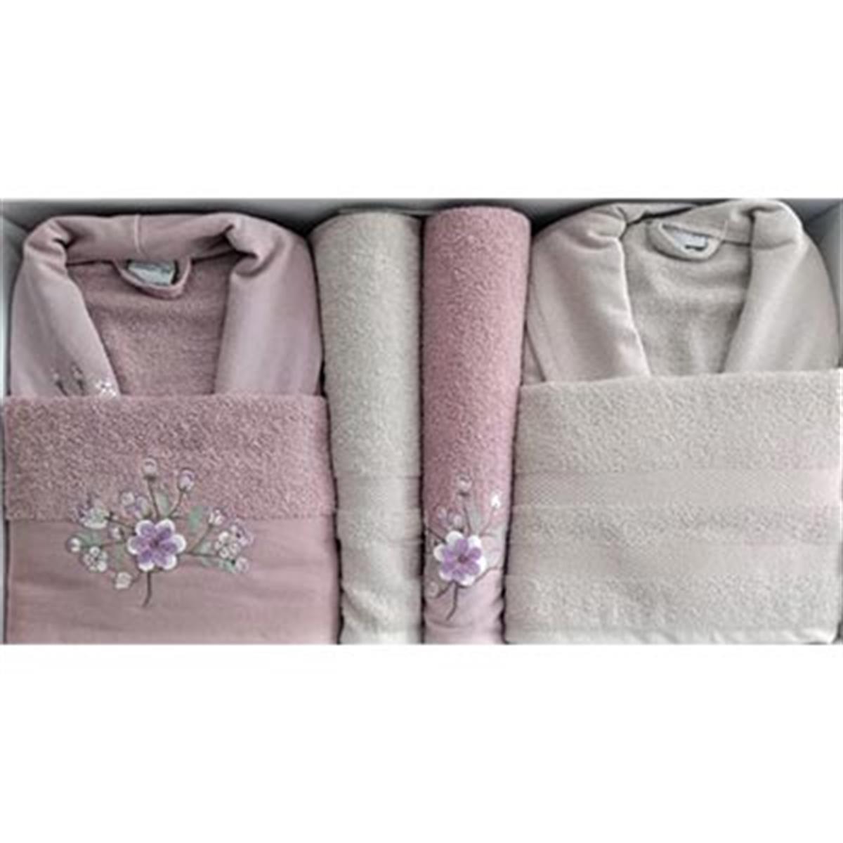 Cotton Life Aile Bornoz Seti 6 Parça Flower Mürdüm-Bej