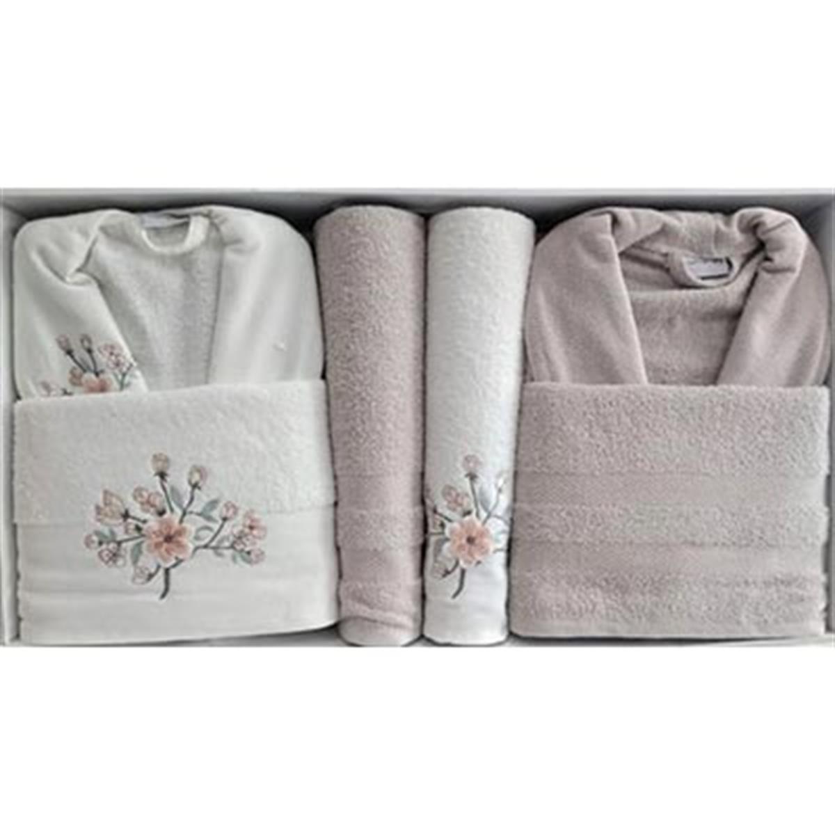 Cotton Life Aile Bornoz Seti 6 Parça Flower Krem-Bej