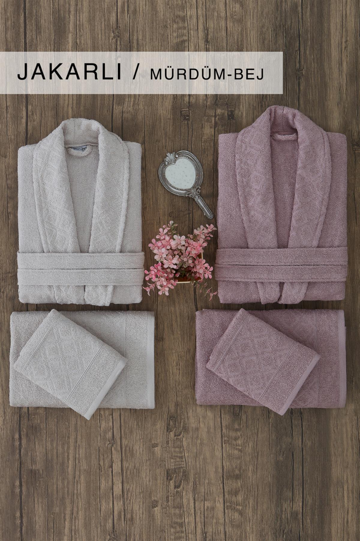 Cotton Life Aile Bornoz Seti 6 Parça Mürdüm-Bej