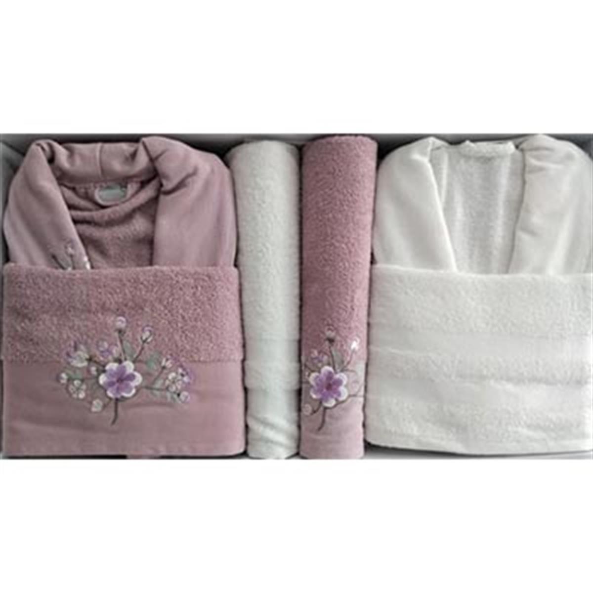 Cotton Life Aile Bornoz Seti 6 Parça Mürdüm-Krem