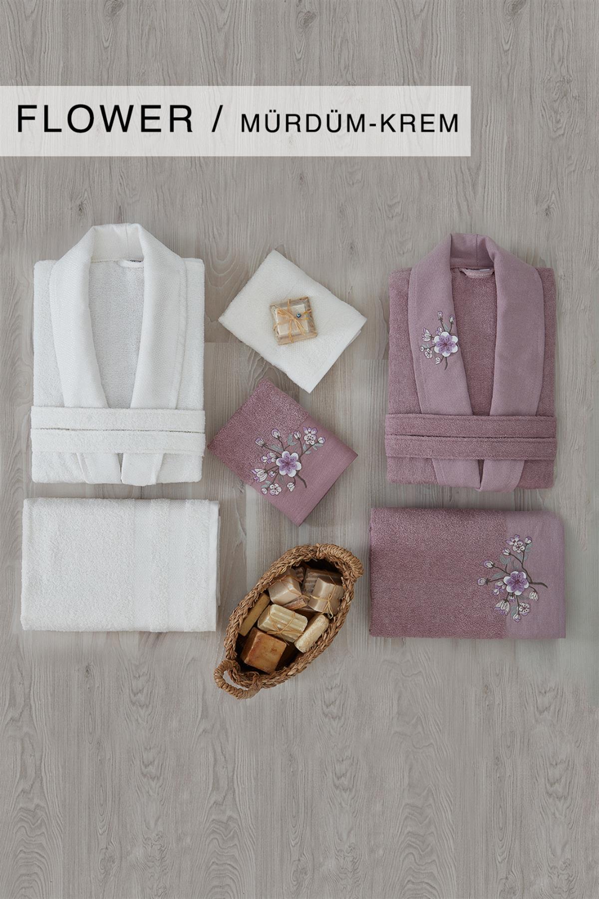 Cotton Life Aile Bornoz Seti 6 Parça Mürdüm-Krem