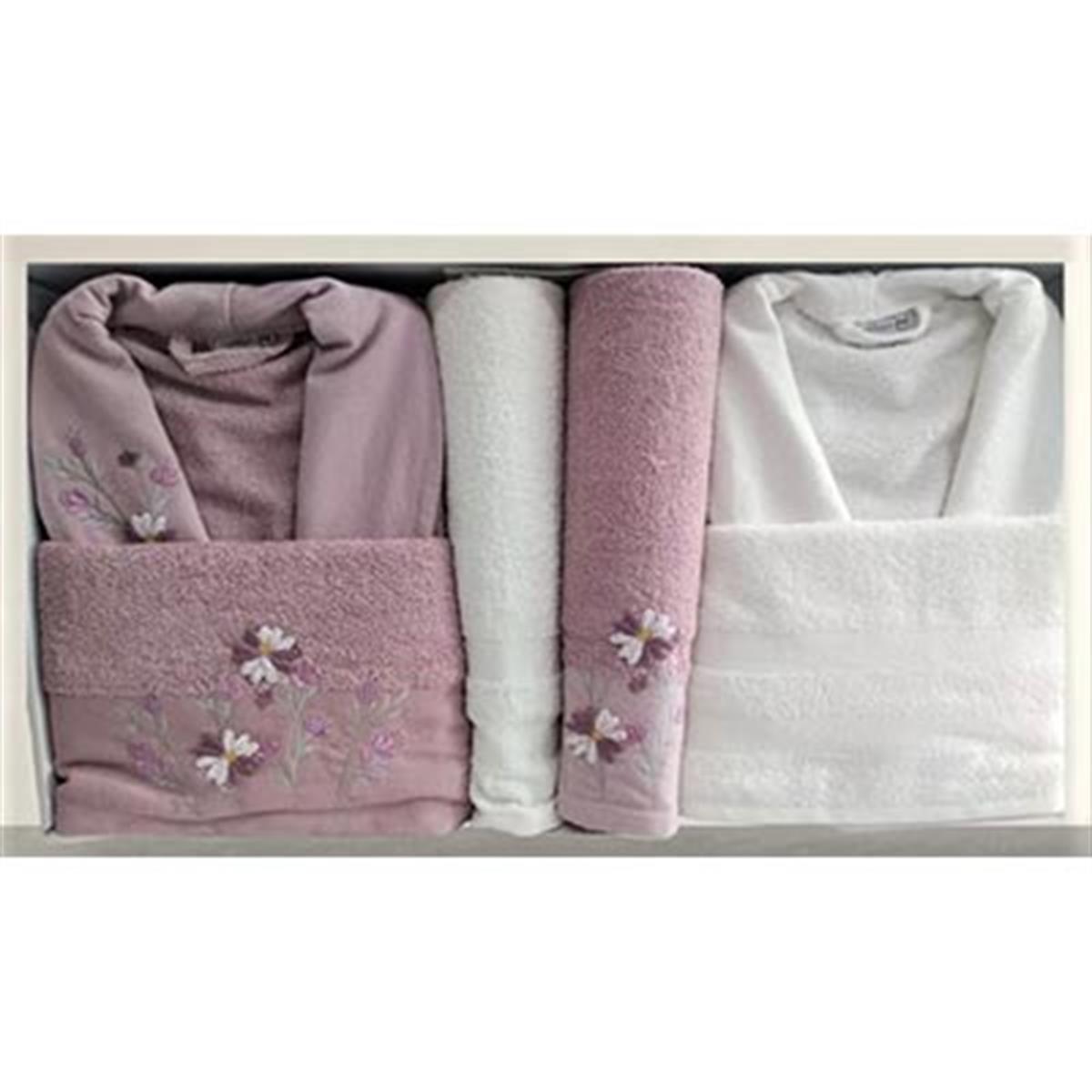 Cotton Life Aile Bornoz Seti Branch 6 Parça Mürdüm-Krem