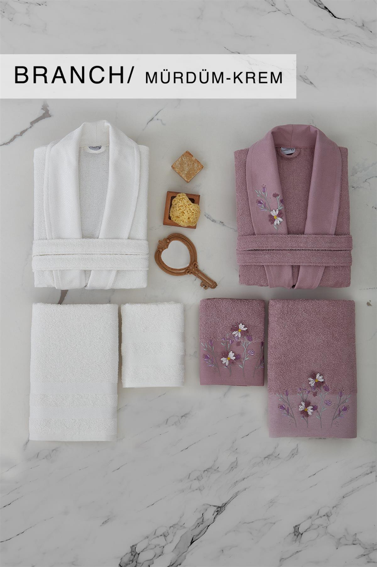 Cotton Life Aile Bornoz Seti Branch 6 Parça Mürdüm-Krem