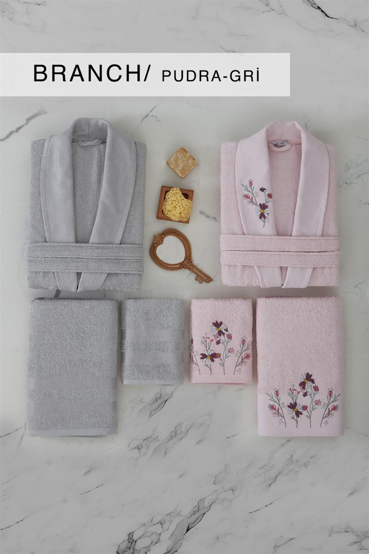 Cotton Life Aile Bornoz Seti Brunch 6 Parça Pudra-Gri