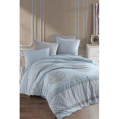 COTTON LİFE ÇİFT KİŞİLİK BASKILI PİKE TAKIMI ORİENTAL AÇIK MAVİ