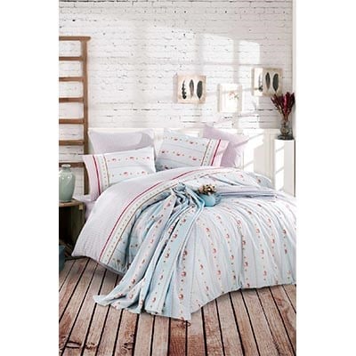 COTTON LİFE ÇİFT KİŞİLİK BASKILI PİKE TAKIMI AMİE MAVİ