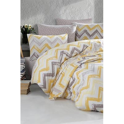 COTTON LİFE ÇİFT KİŞİLİK BASKILI PİKE TAKIMI CHEVRON SARI