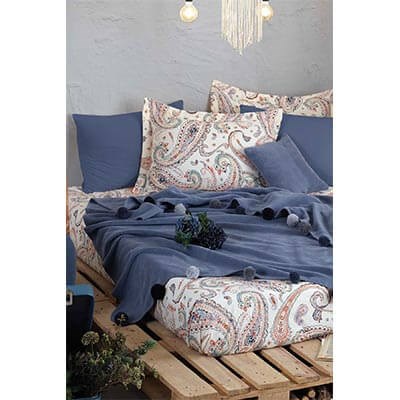 İyi Geceler İstanbul Boho Chic Çift Kişilik Battaniyeli Set Cobalt Mavi