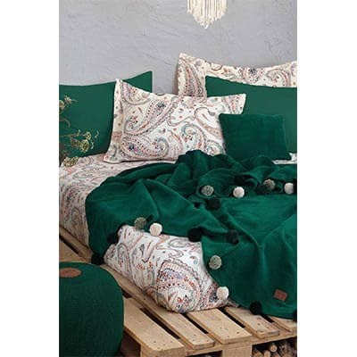 İyi Geceler İstanbul Boho Chic Çift Kişilik Püsküllü Battaniyeli Nevresim Takımı Zümrüt Yeşili
