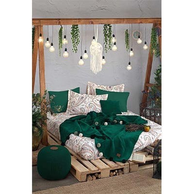 İyi Geceler İstanbul Boho Chic Çift Kişilik Püsküllü Battaniyeli Nevresim Takımı Zümrüt Yeşili