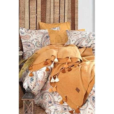 İyi Geceler İstanbul Boho Chic Çift Kişilik Püsküllü Battaniyeli Nevresim Takımı Hardal