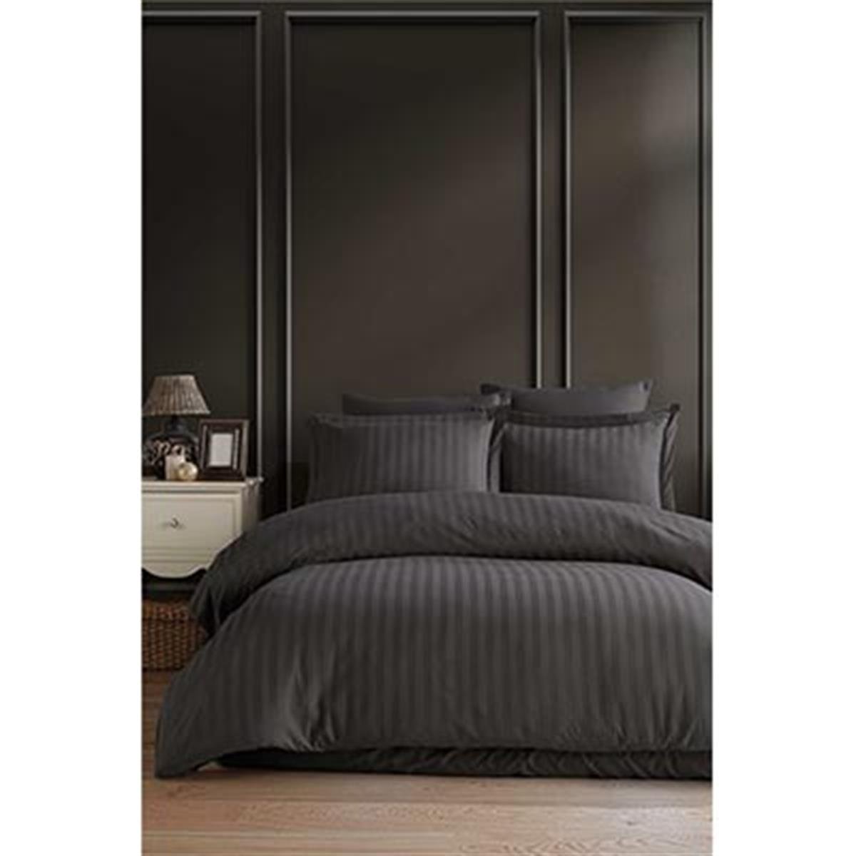 İYİ GECELER İSTANBUL SATEN NEVRESİM ÇİFT KİŞİLİK NERESİM TAKIMI STRİPE FÜME