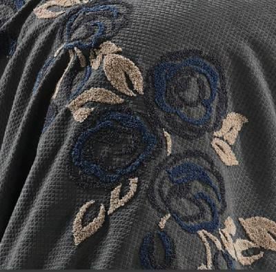 Nazik Home Çiçek Nakışlı Çift Kişilik Nevresimli Pike Takımı Oasis Antrasit 9 Parça