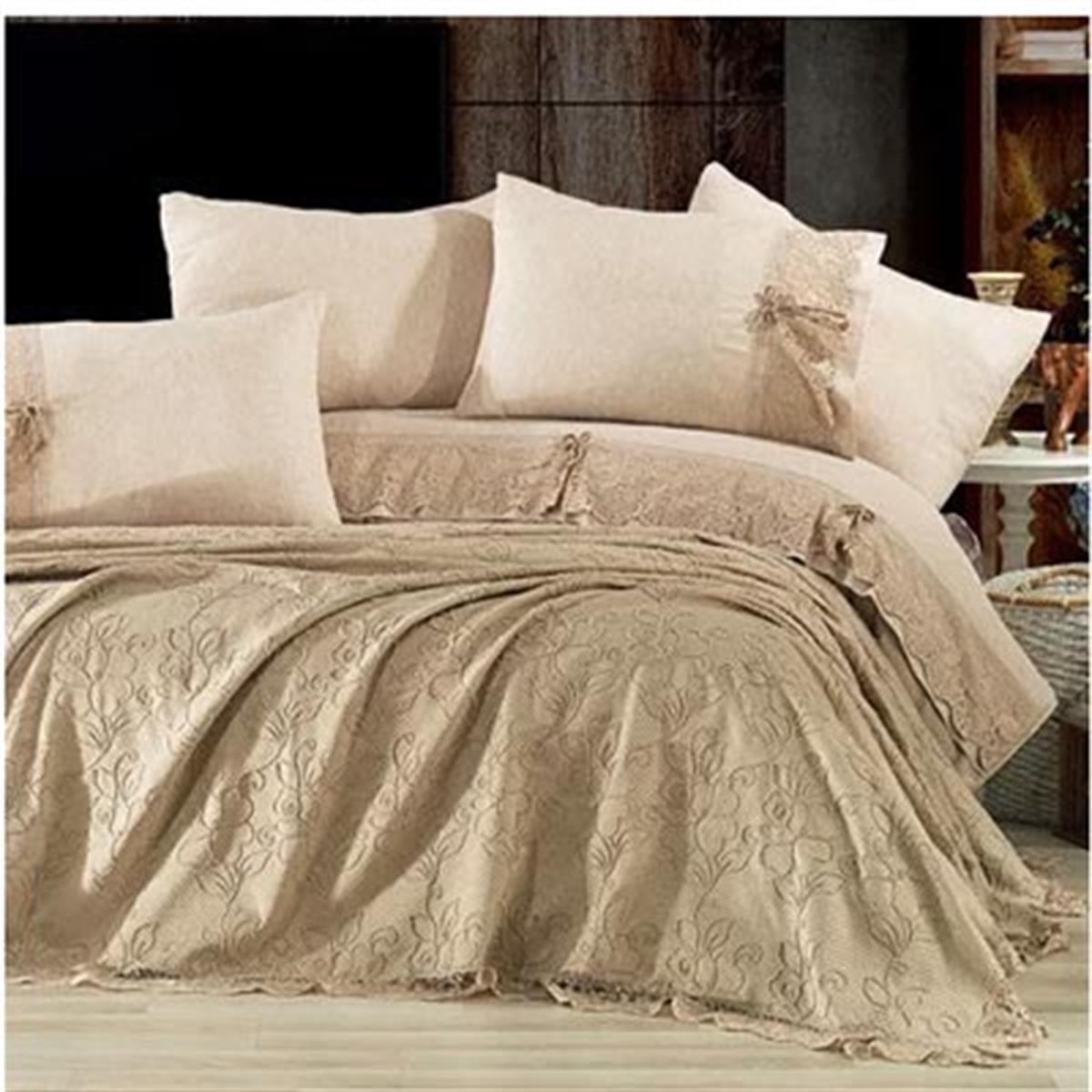 Nazik Home Çift Kişilik Nevresimli Pike Seti Dantelli Rosella Bej 7 Parça