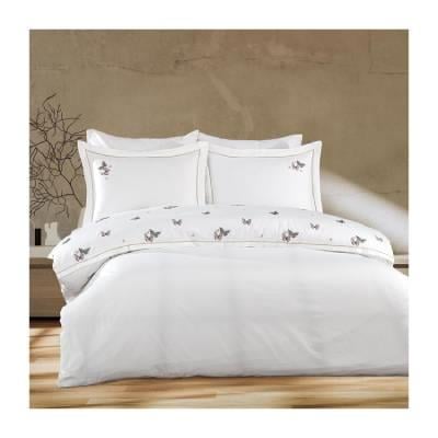 Nazik Home Kelebek Nakışlı Pamuk Saten Çift Kişilik Nevresim Takımı 6 Parça Bodrum Krem