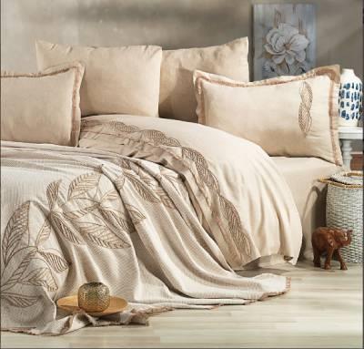 Nazik Home Püsküllü ve İşlemeli Nevresimli Pike Takımı Marsel Bej