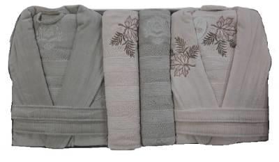 Pupilla 6 Parça Kadife Aile Bornoz Seti Rita Gül Kurusu-Açık Gri