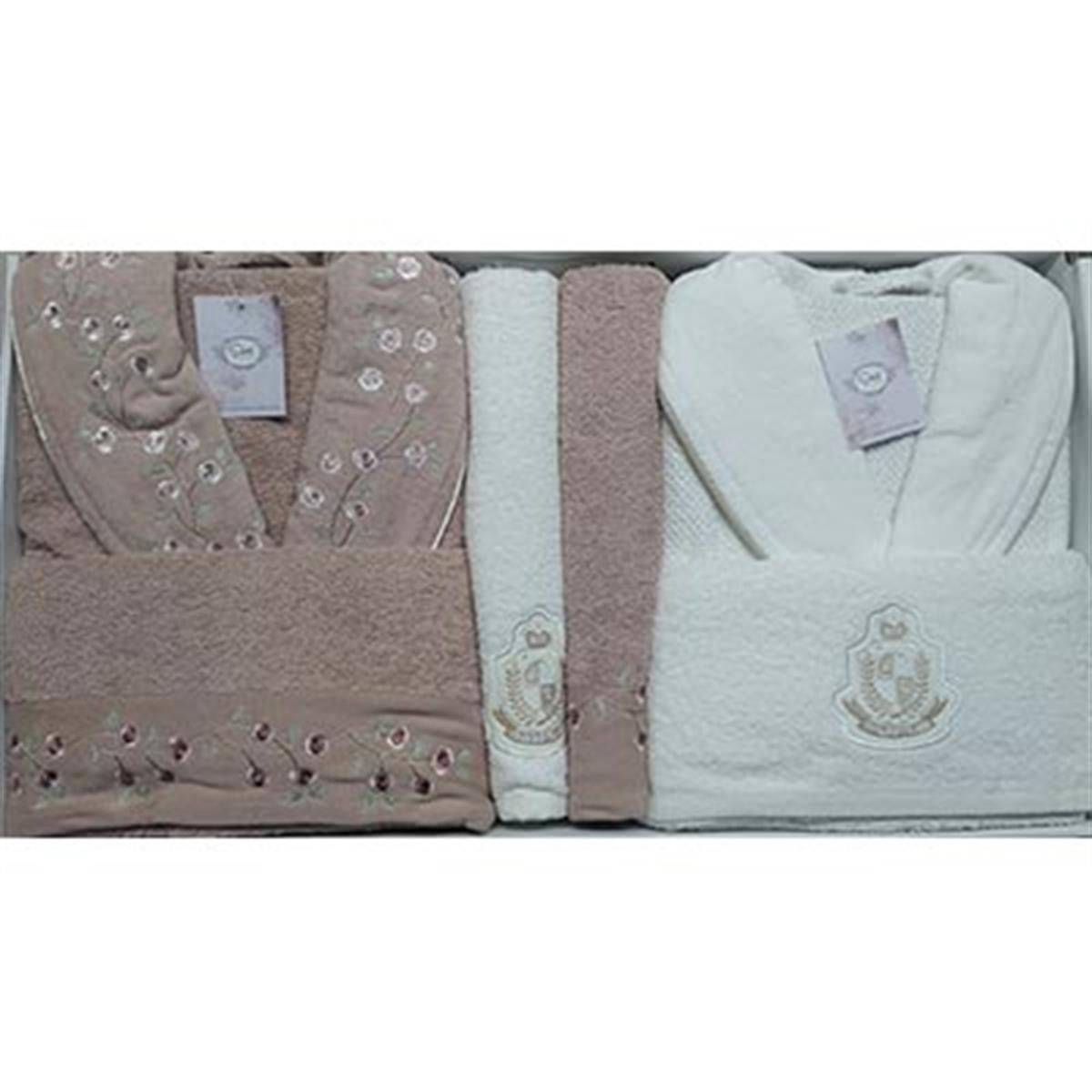 ŞIKEL AİLE BORNOZ SETİ COTTON NAKIŞLI ELSA G.KURUSU-KREM