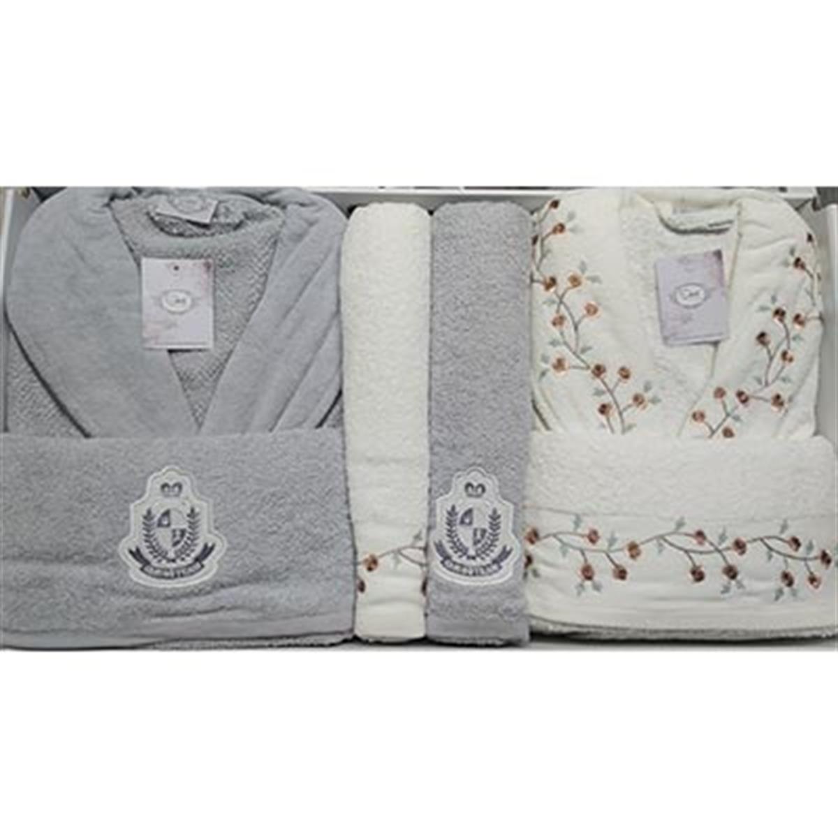 ŞIKEL AİLE BORNOZ SETİ COTTON NAKIŞLI ELSA KREM-GRİ