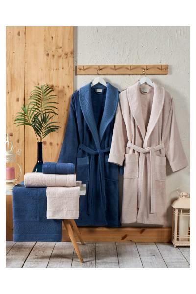 Şıkel Aile Bornoz Seti Jakarlı Bambu Lacivert-Pudra