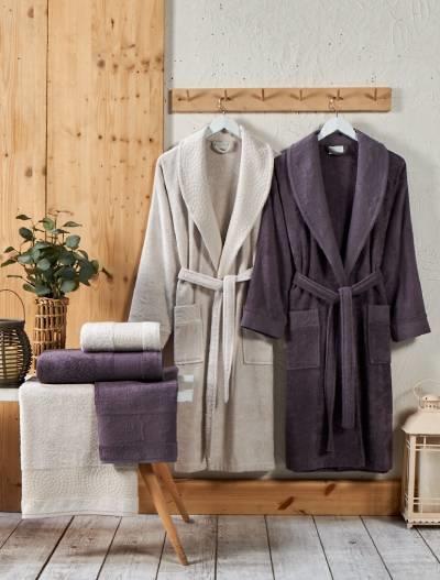 Şıkel Aile Bornoz Seti Jakarlı Bambu Mor-Bej