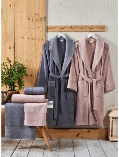 Şıkel Aile Bornoz Seti Jakarlı Bambu Pudra-Antrasit