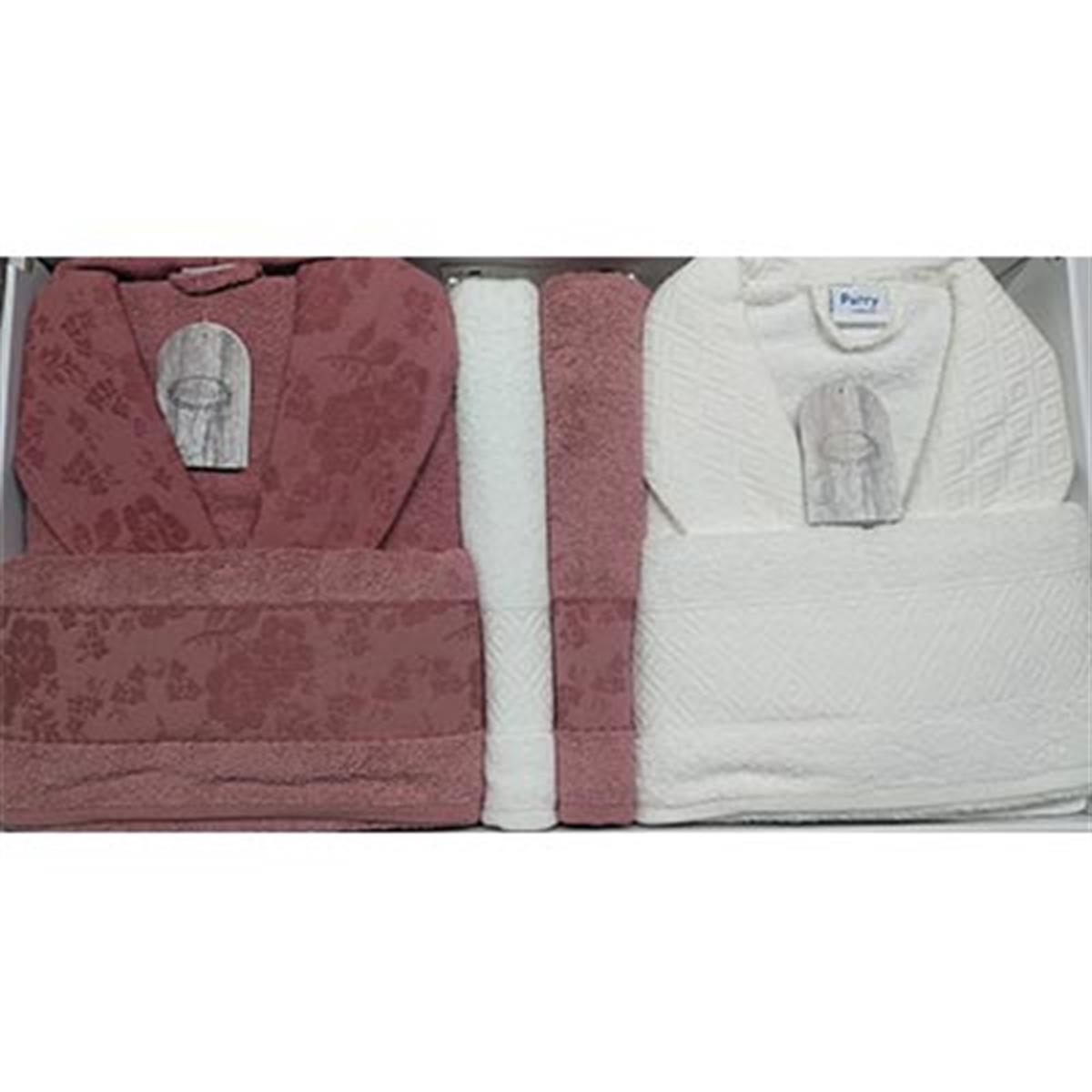 ŞIKEL AİLE BORNOZ SETİ JAKARLI COTTON PURRY BEYAZ-KİREMİT