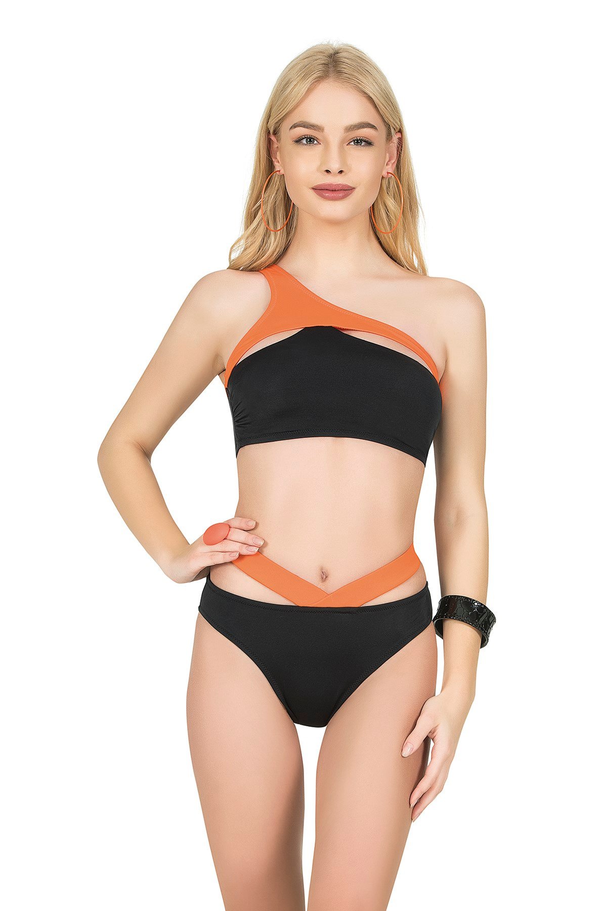 Tek Omuz Turuncu Detaylı Bikini Takımı