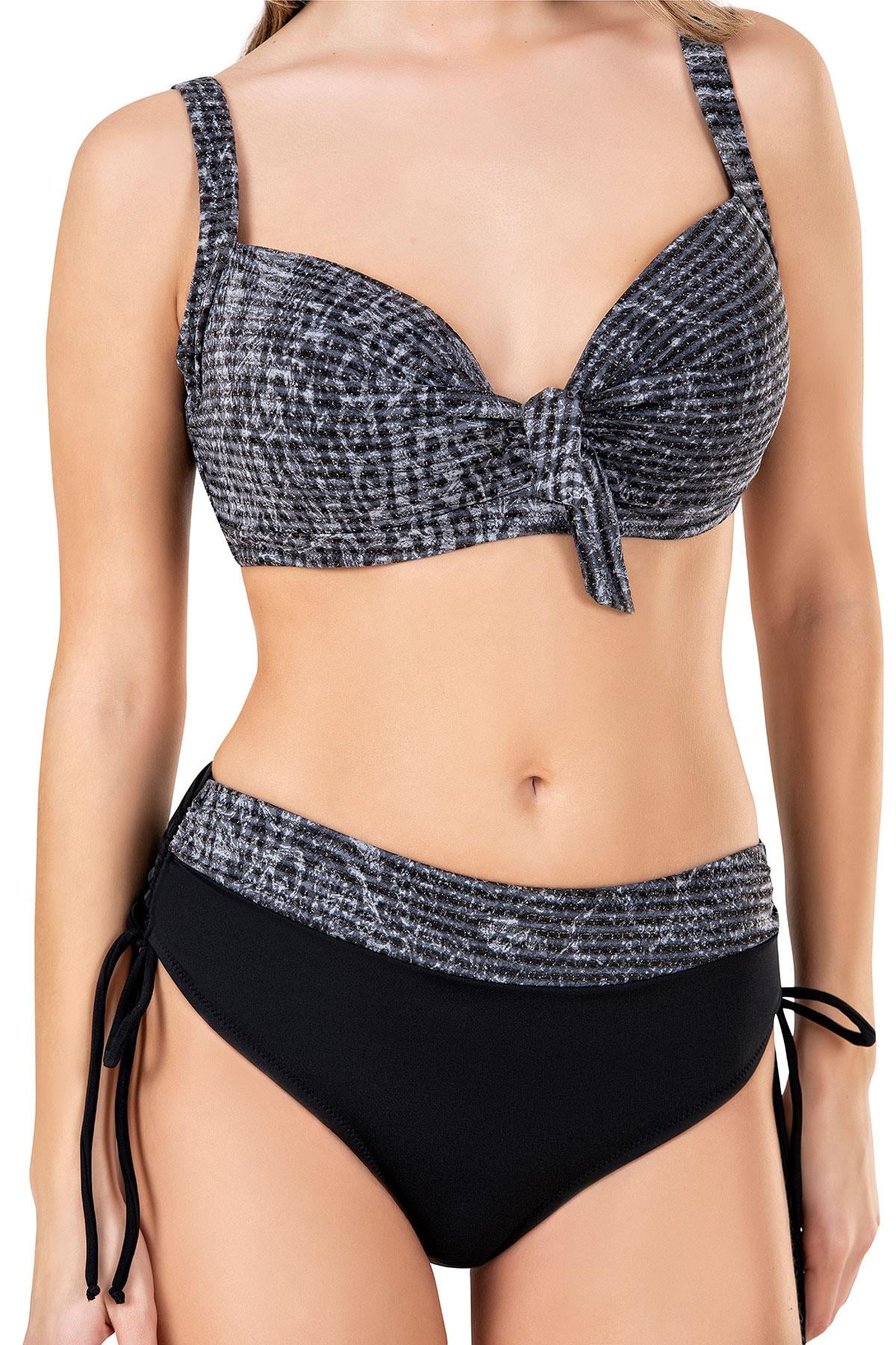 Endeep Kadın Büyük Beden Balenli Siyah Desenli Bikini Takımı