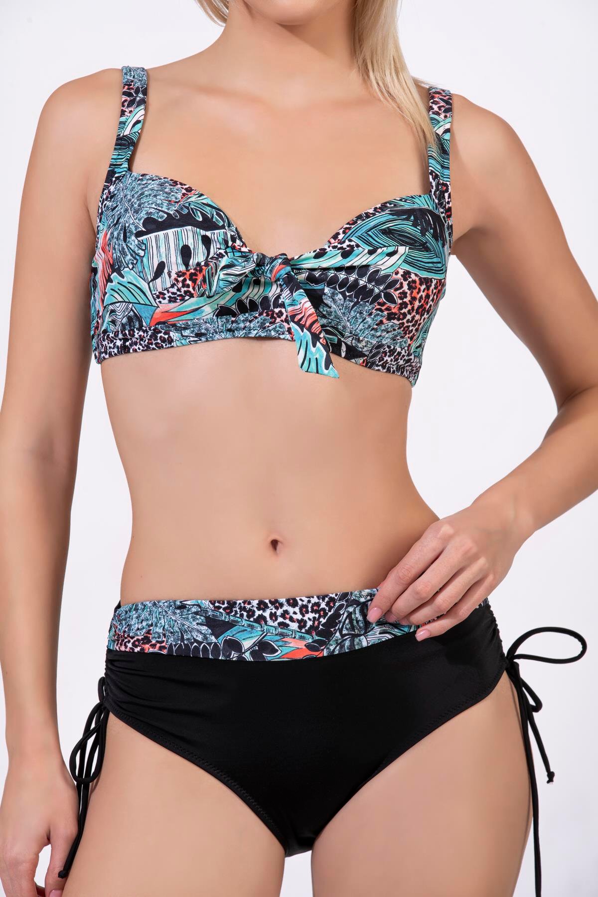 Endeep Kadın Büyük Beden Balenli Destekli Açık Mavi Desenli Bikini Takımı
