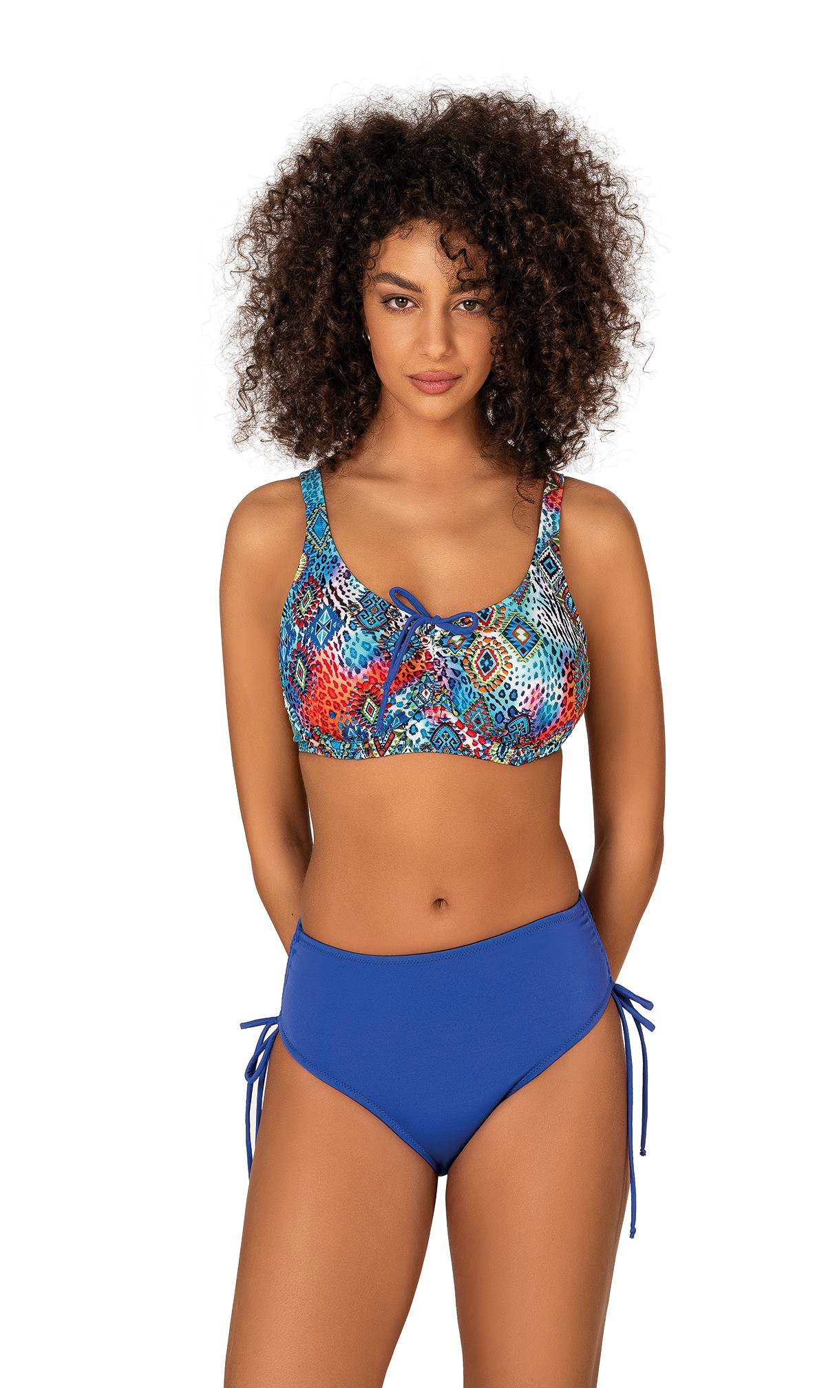 Endeep Kadın Büyük Beden Balenli Destekli Bağlama Detaylı Mavi Desenli Bikini Takımı