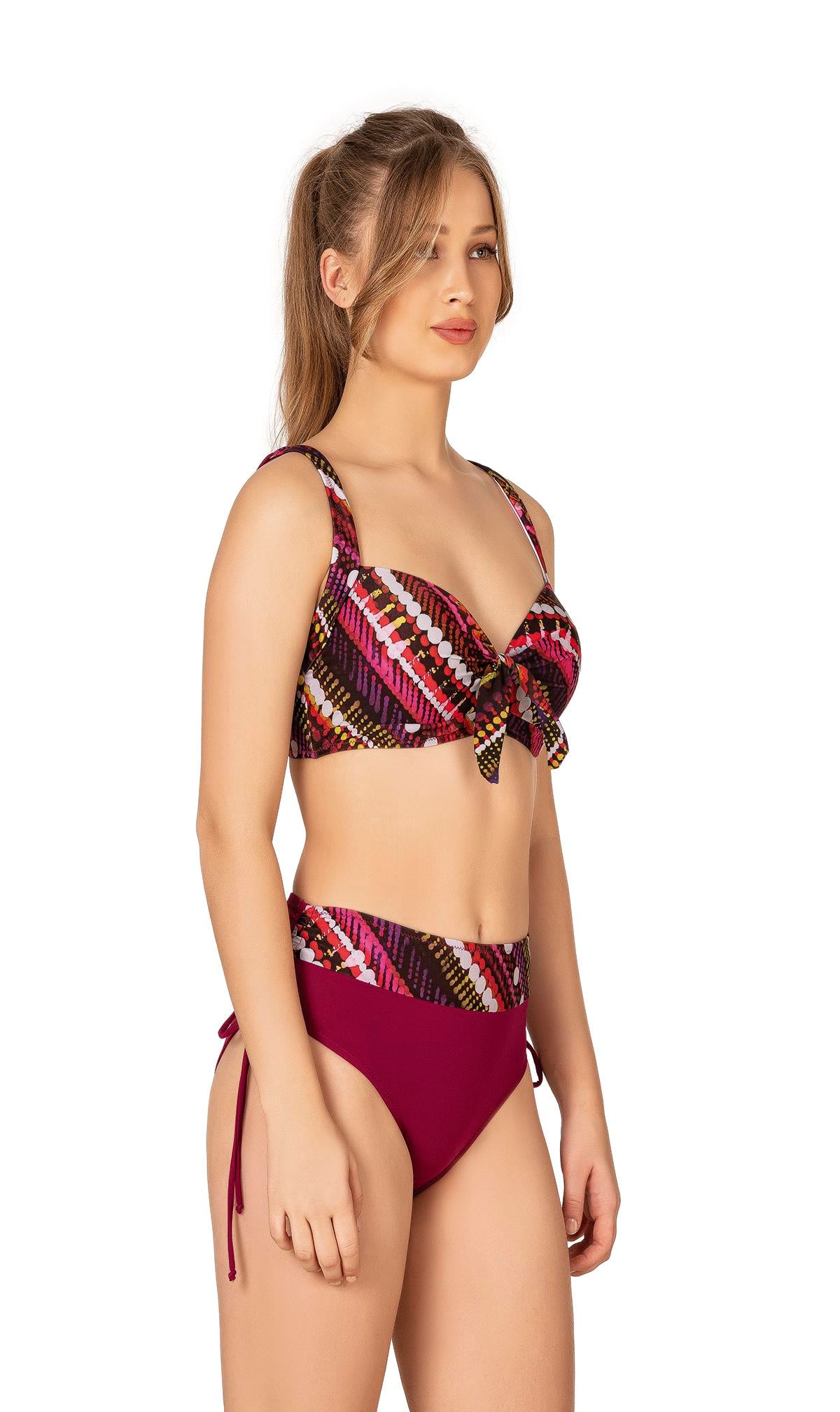 Endeep Kadın Büyük Beden Balenli Destekli Bordo Desenli Bikini Takımı