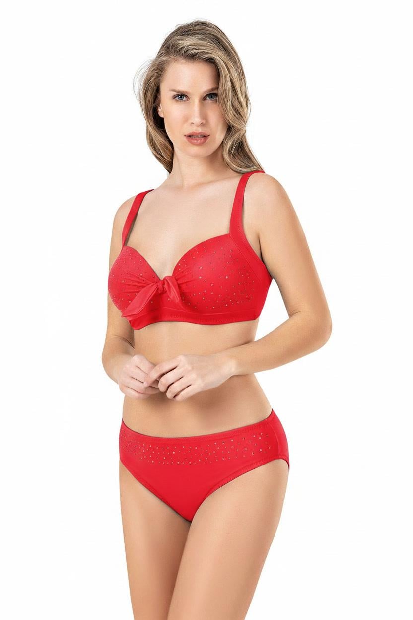 Endeep Kadın Fiyonk ve Taş Detaylı Büyük Beden Nar Çiçeği Bikini Takımı