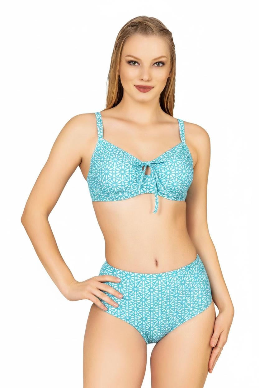 Endeep Kadın Balenli Destekli Büyük Beden Açık Mavi Yüksek Bel Bikini Takımı