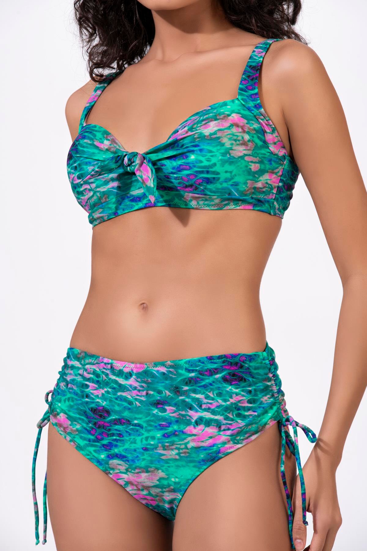 Endeep Kadın Büyük Beden Balenli Destekli Yeşil Mavi Desenli Bikini Takımı