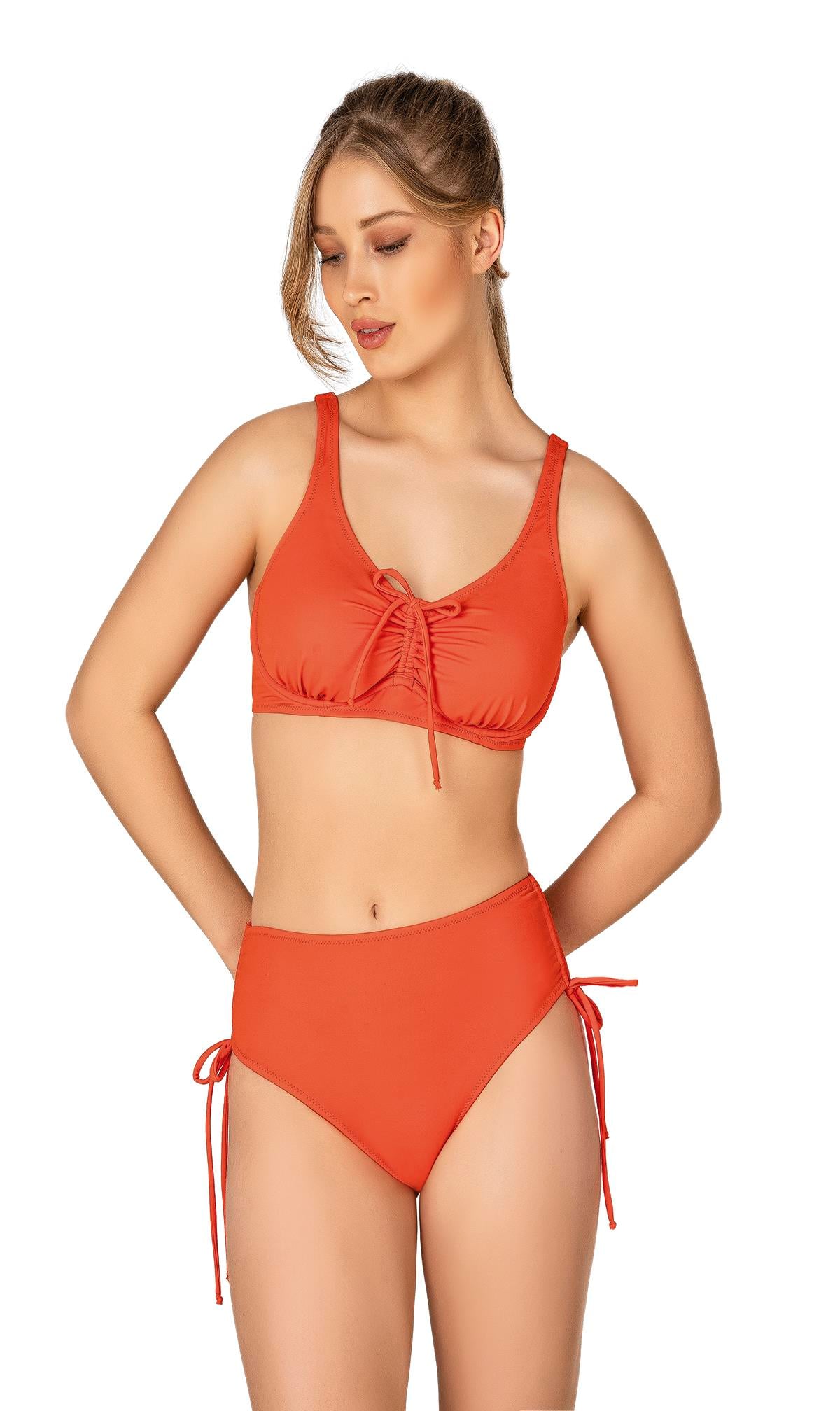Endeep Kadın Büyük Beden Balenli Destekli Bağlama Detaylı Turuncu Bikini Takımı