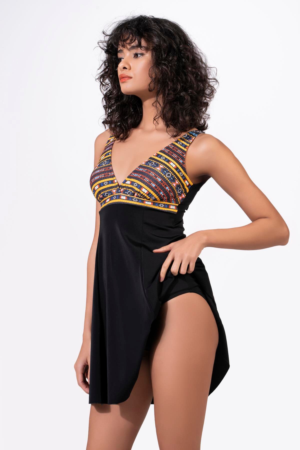 Endeep Kadın Etnik Desenli Özel Dokulu Kumaşlı Etekli Elbise Mayo