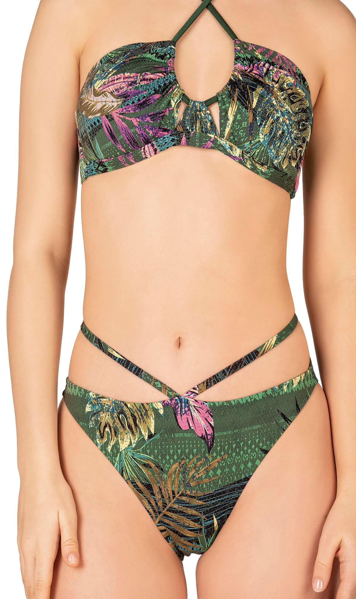 Endeep Kadın Yeşil Yaprak Desenli Parıltılı Tünelli Bikini Takımı