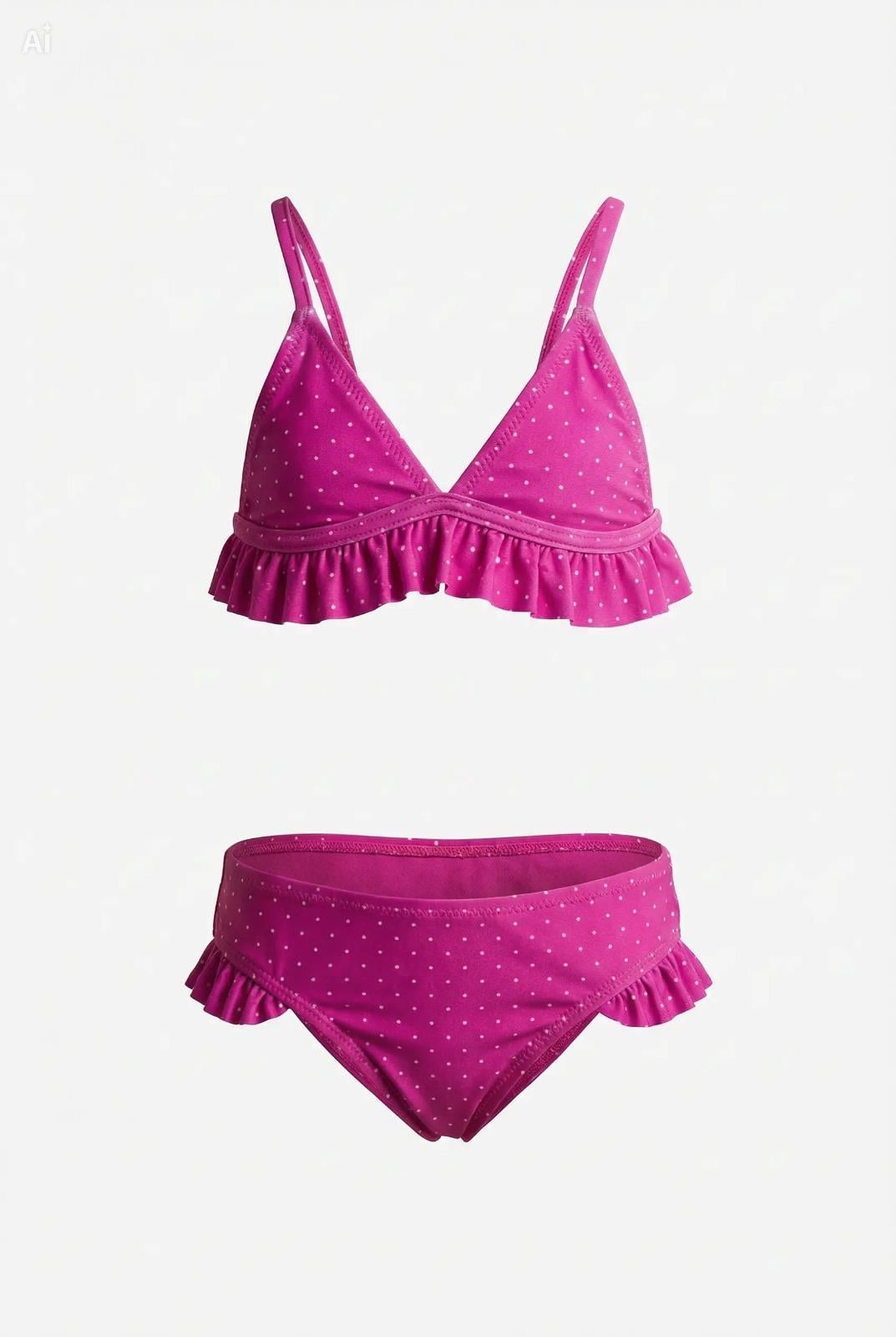 Endeep Kız Çocuk Pembe Fırfırlı Puantiye Desenli Mayo Bikini Takımı