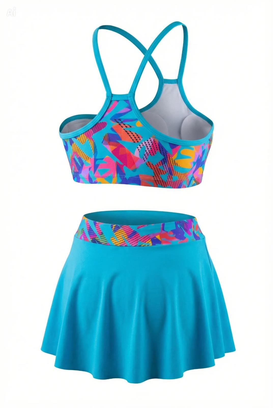 Endeep Kız Çocuk Açık Mavi Bustiyer Etekli İki Parça Desenli Desenli Mayo Bikini Takımı