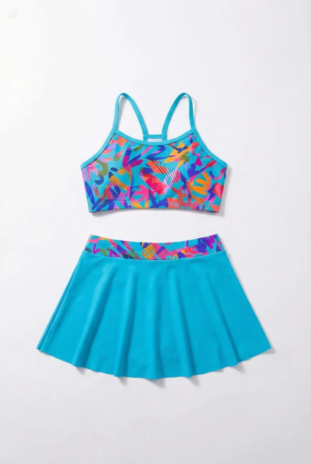 Endeep Kız Çocuk Açık Mavi Bustiyer Etekli İki Parça Desenli Desenli Mayo Bikini Takımı