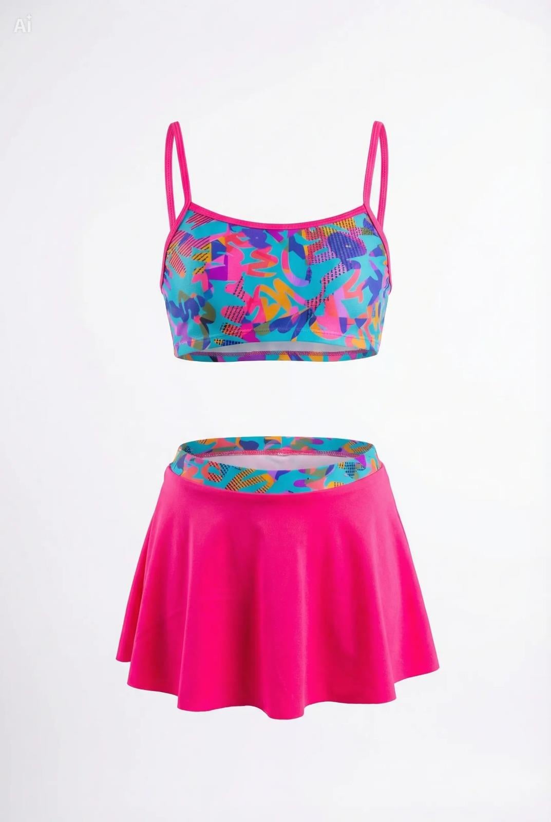 Endeep Kız Çocuk Pembe Bustiyer Etekli İki Parça Desenli Desenli Mayo Bikini Takımı