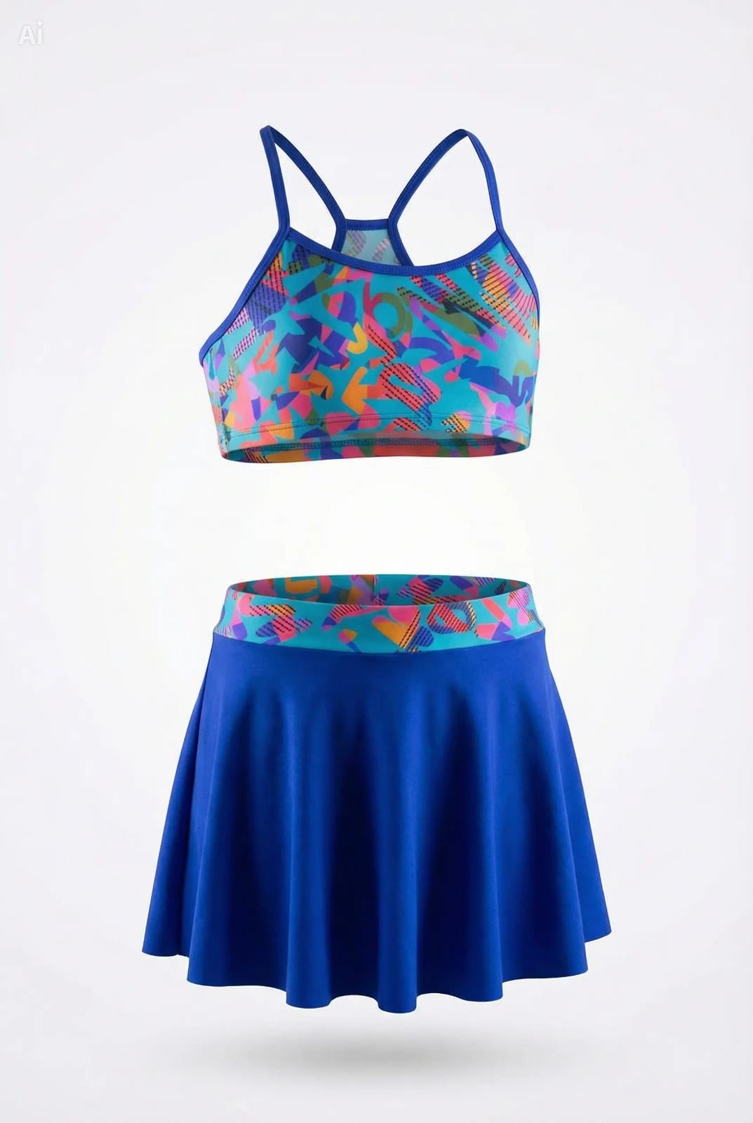 Endeep Kız Çocuk Mavi Bustiyer Etekli İki Parça Desenli Desenli Mayo Bikini Takımı