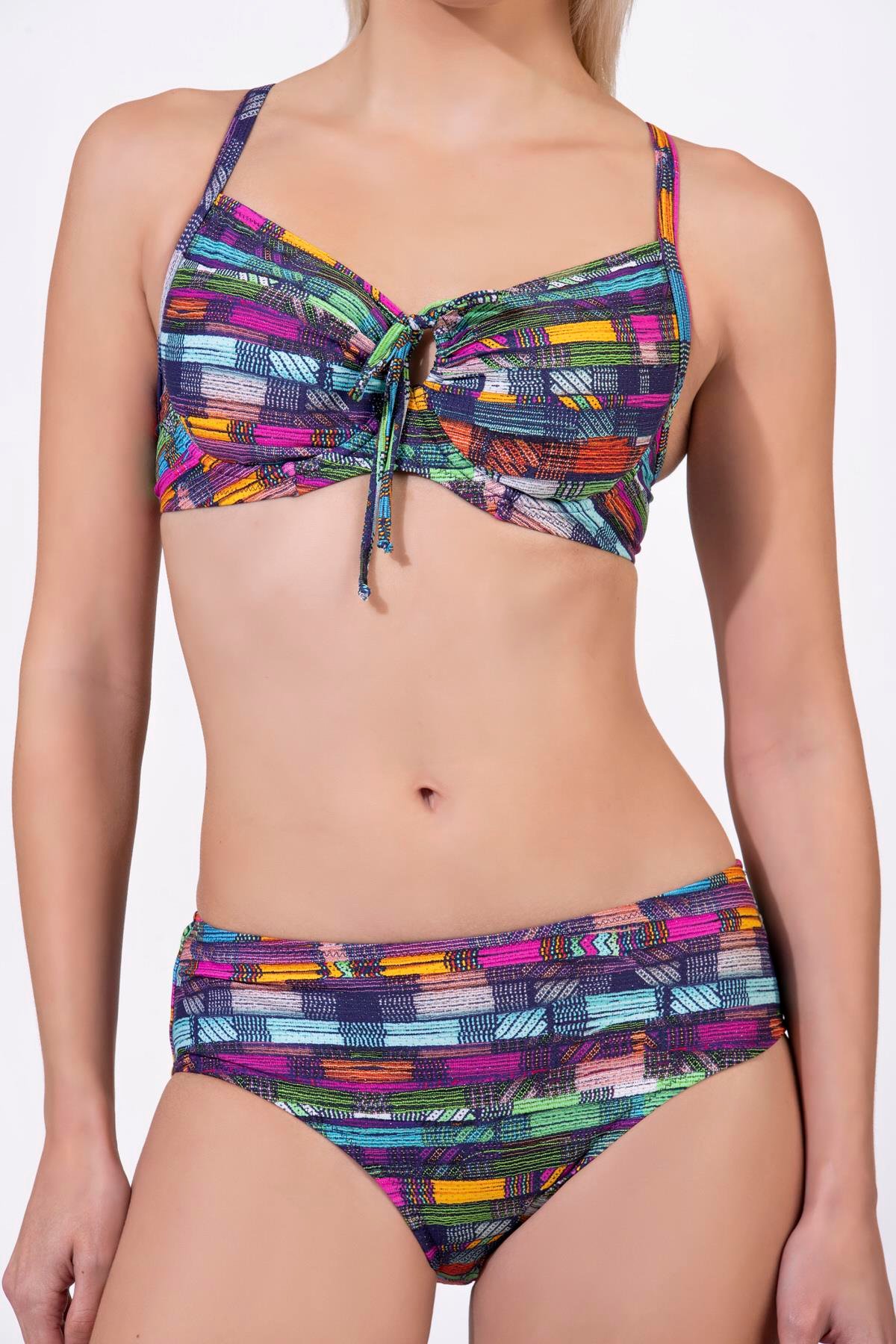 Endeep Kadın Çizgi Desenli Özel Lurex Kumaşlı Balenli Destekli Bikini Takımı