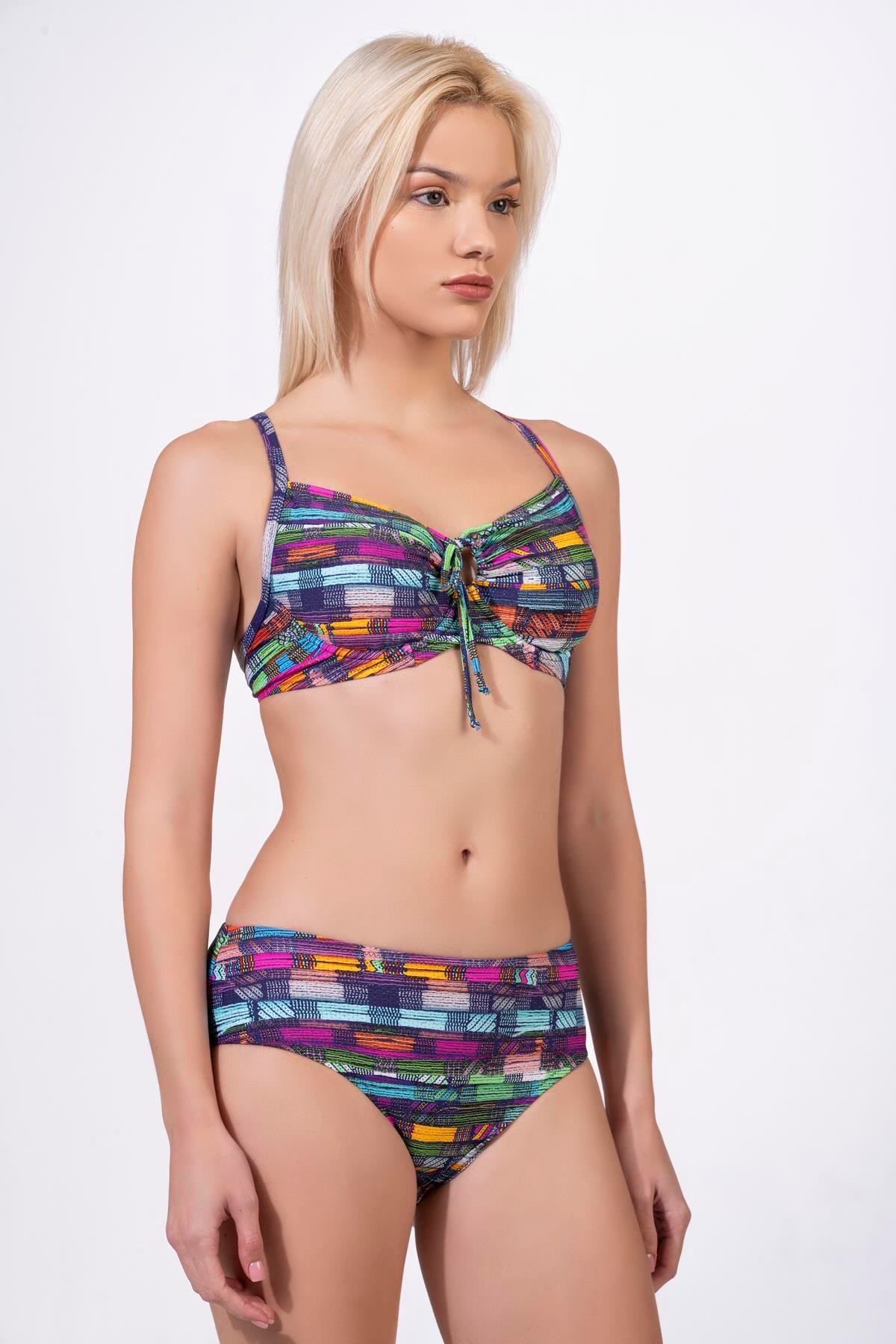 Endeep Kadın Çizgi Desenli Özel Lurex Kumaşlı Balenli Destekli Bikini Takımı