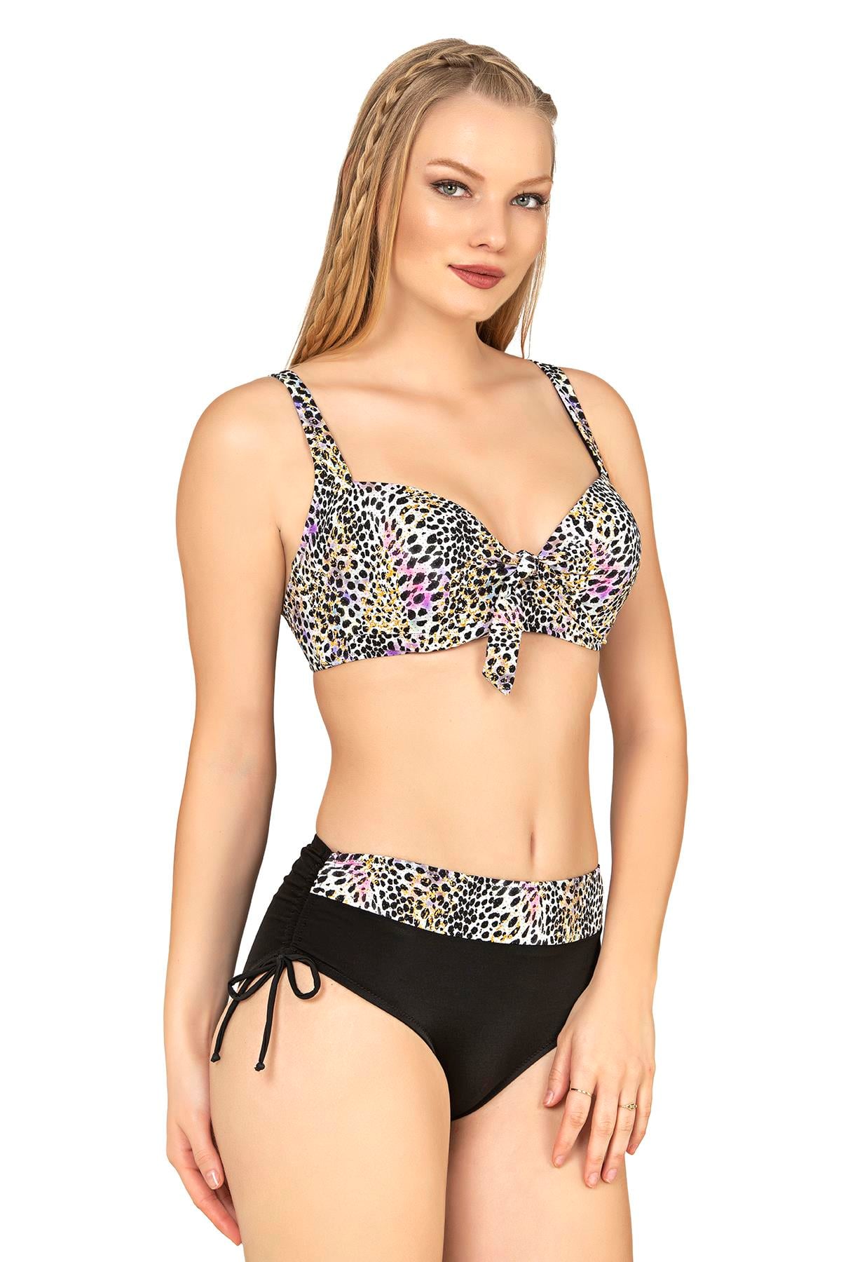 Endeep Kadın Büyük Beden Balenli Destekli Renkli Leopar Desenli Bikini Takımı