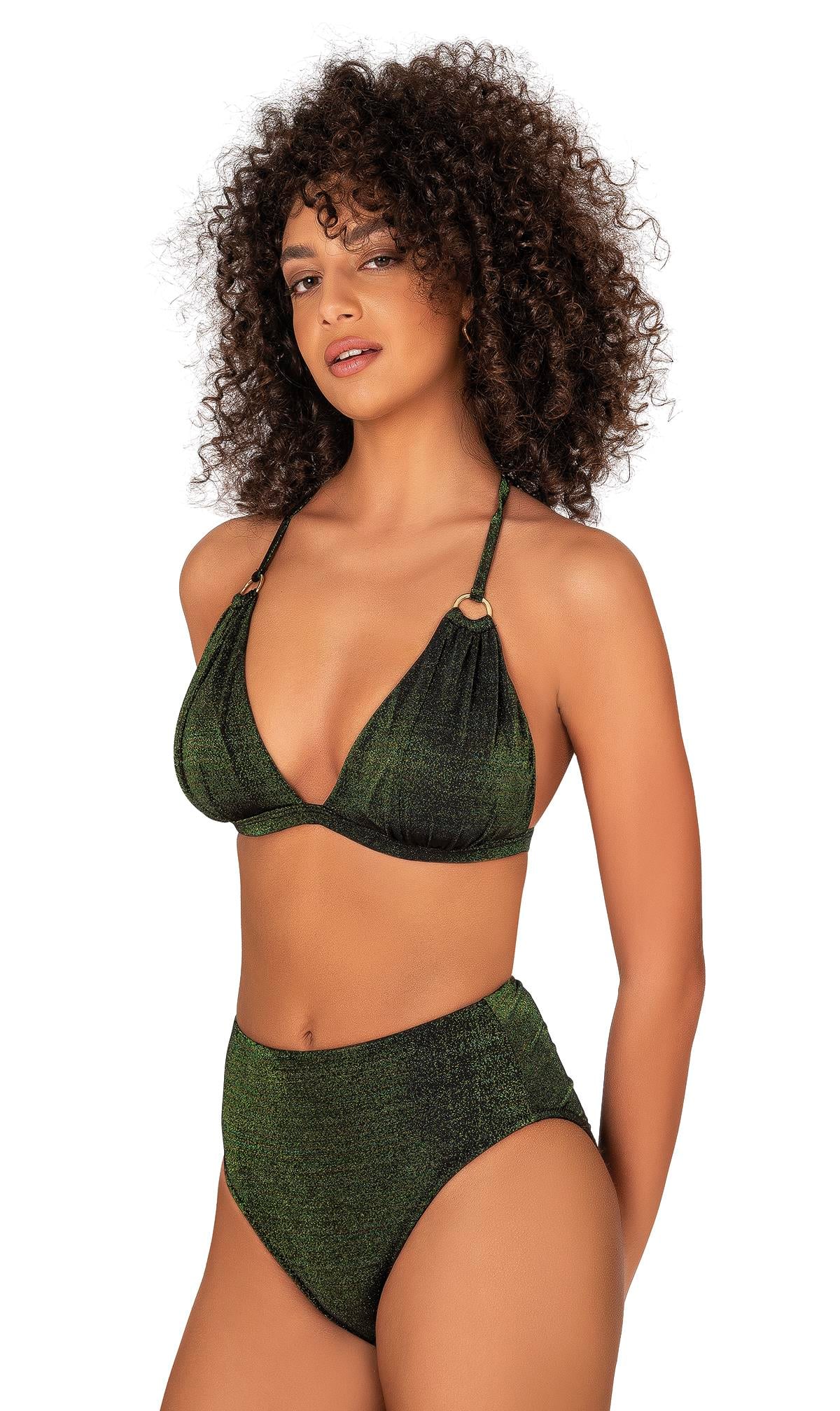 Endeep Kadın Halka Aksesuarlı Yüksel Bel Simli Bikini Takımı